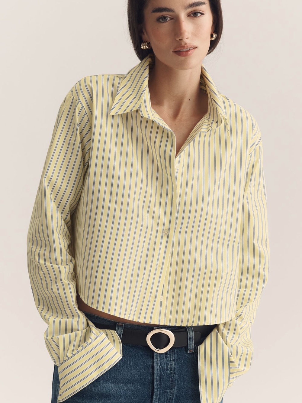 Maeve Shirt Cropped Long Sleeve Yellow Blue Striped Paris Graphic SIZE XS EUC